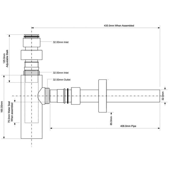 Syfon umywalkowy McAlpine Glasgow, 1,1/4" x 32mm, chrom