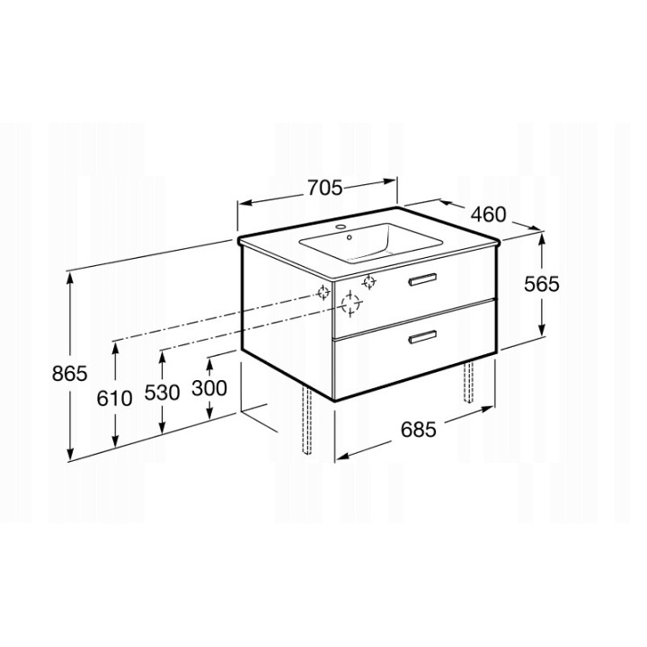 Zestaw łazienkowy 70 Roca Victoria Basic (umywalka 70x45cm + szafka pod umywalkę 68,5x56,5x45 cm z 2 szufladami) - biały- sanitb