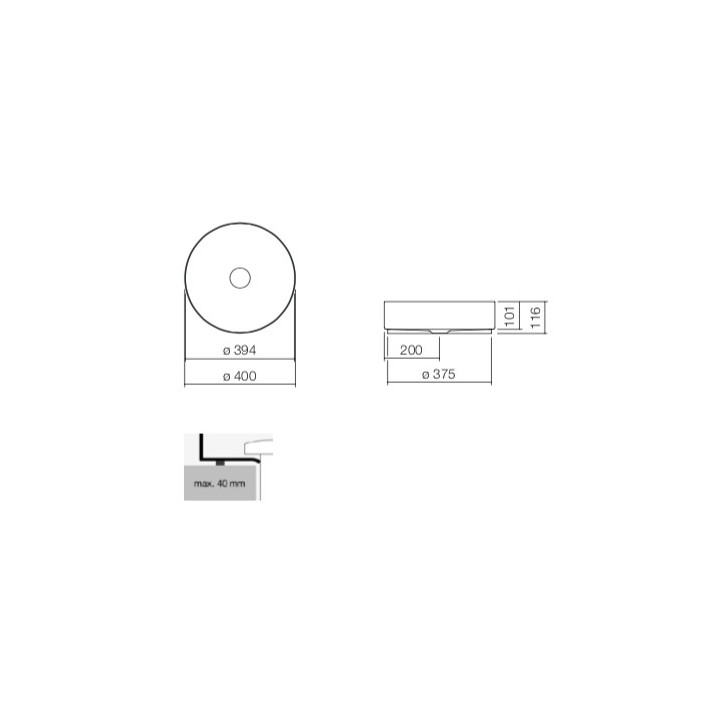 Umywalka nablatowa Alape KE-Series, okrągła, 375mm, bez przelewu, łatwa w pielęgnacji, AB.KE375, biała