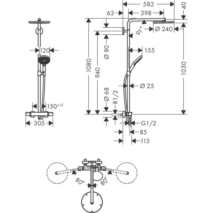 Komplet prysznicowy Hansgrohe Showerpipe Raindance Select S 240 1jet P, bateria termostatyczna, czarny mat