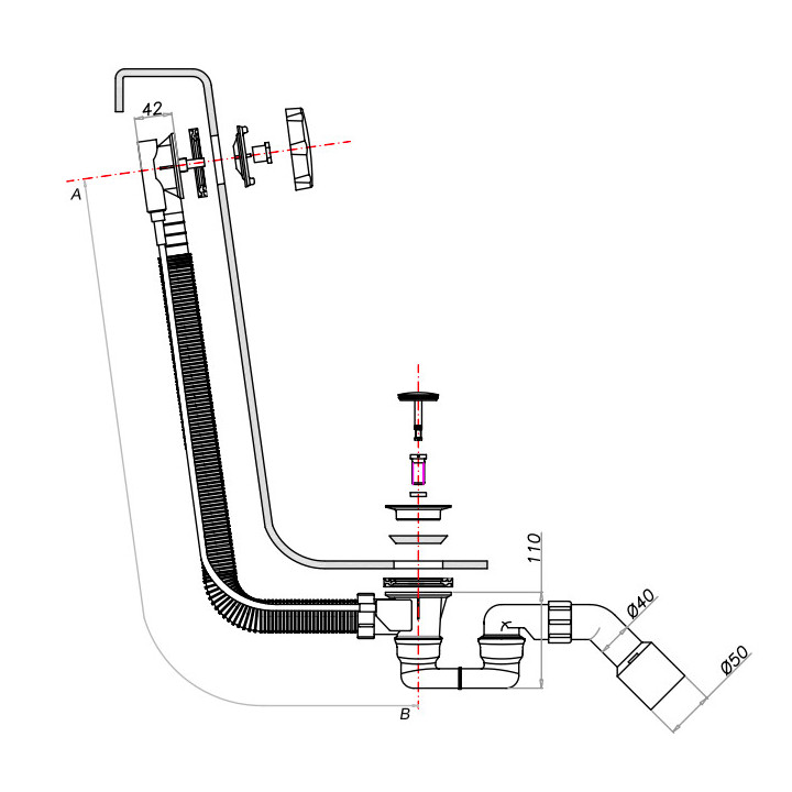 Syfon wannowy Omnires CGS, przelewowo-odpływowy, korek automatyczny, złoty