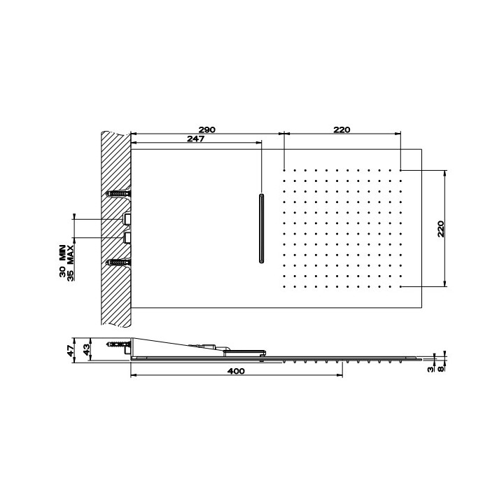 Deszczownica Gessi Quadro 300, montaż do ściany, 3mm grubości, mirror steel