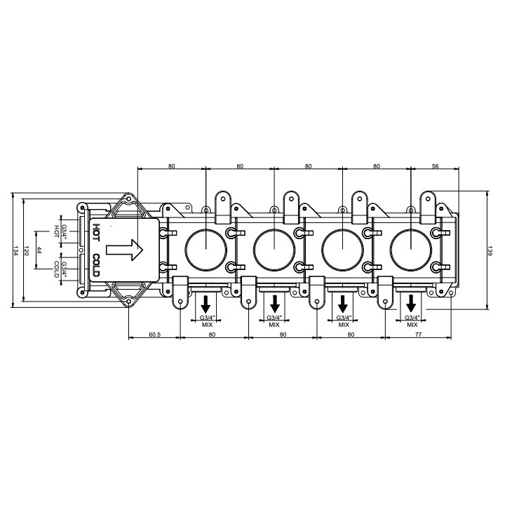 Bateria natryskowa Gessi Inciso Wellness, podtynkowa termostatyczna, 4-otworowa, 3 wyjścia wody, uchwyty krzyżowe, chrom