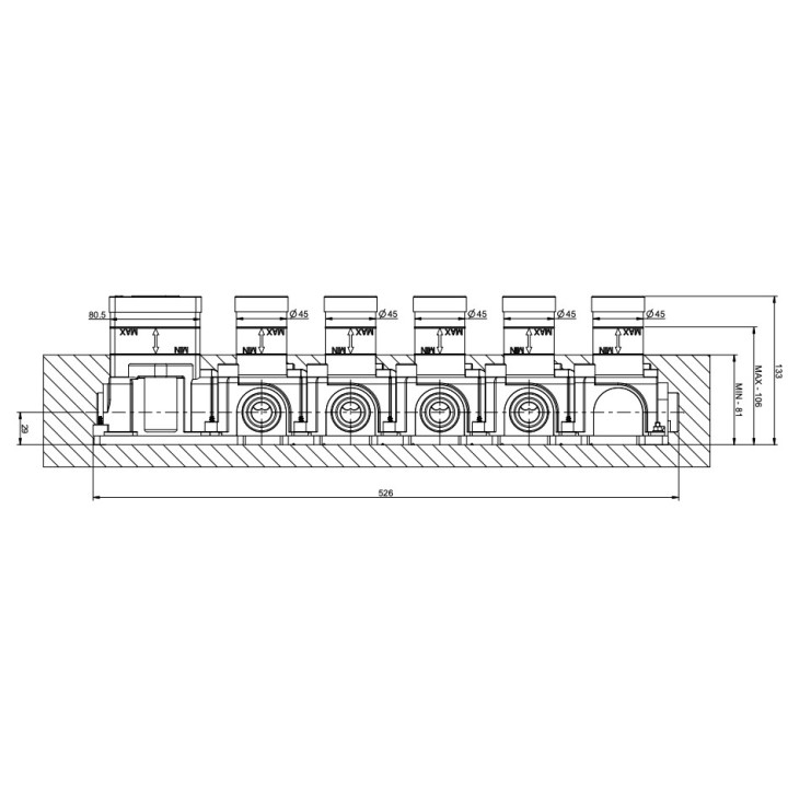 Element podtynkowy Gessi Inciso Wellness, 4 wyjścia wody, podłączenie 3/4"