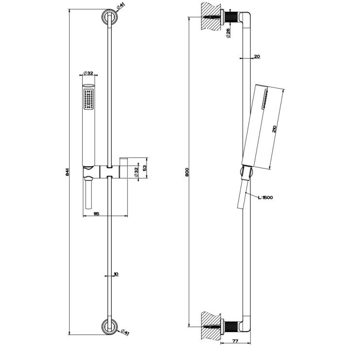 Zestaw natryskowy Gessi Inciso, drążek 80cm z regulowanym uchwytem, słuchawka 1-funkcyjna, wąż 150cm, chrom