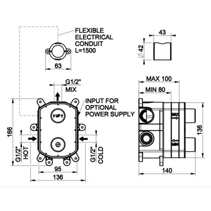 Element podtynkowy dla elektronicznych baterii Gessi Flessa, podłączenie G1/2'