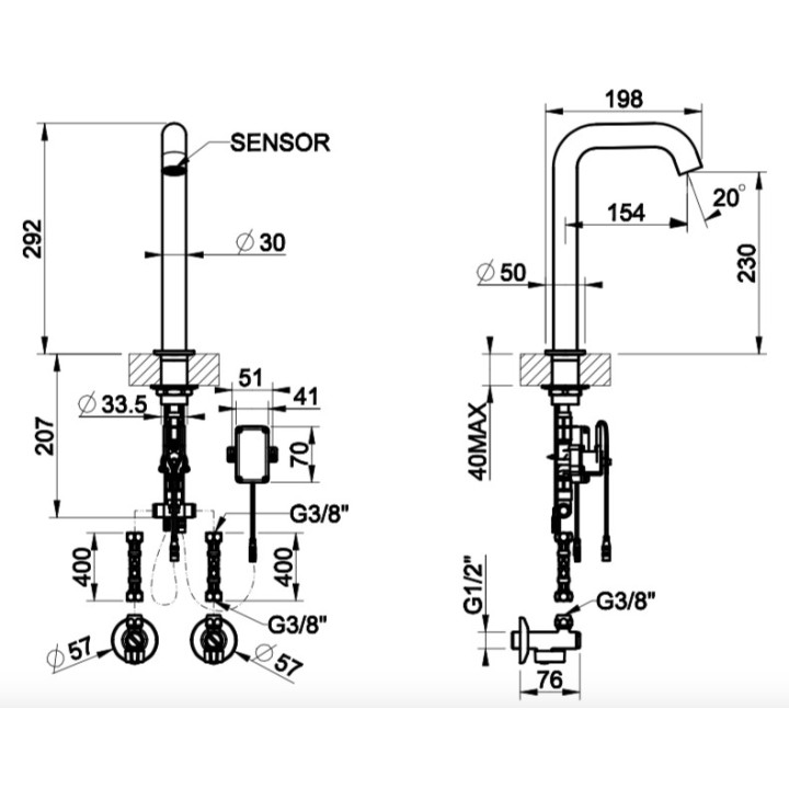 Elektroniczna bateria umywalkowa Gessi Flessa, stojąca, wysokość 210mm, stal szczotkowana