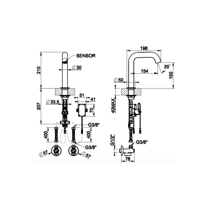 Elektroniczna bateria umywalkowa Gessi Flessa, stojąca, wysokość 210mm, stal szczotkowana