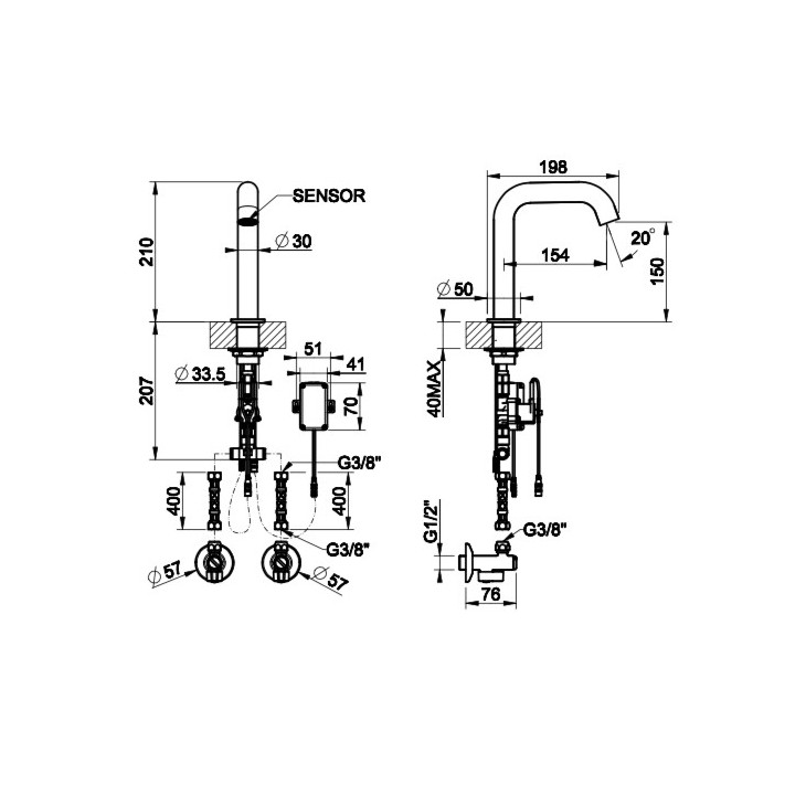 Elektroniczna bateria umywalkowa Gessi Intreccio, stojąca, wysokość 210mm, stal szczotkowana