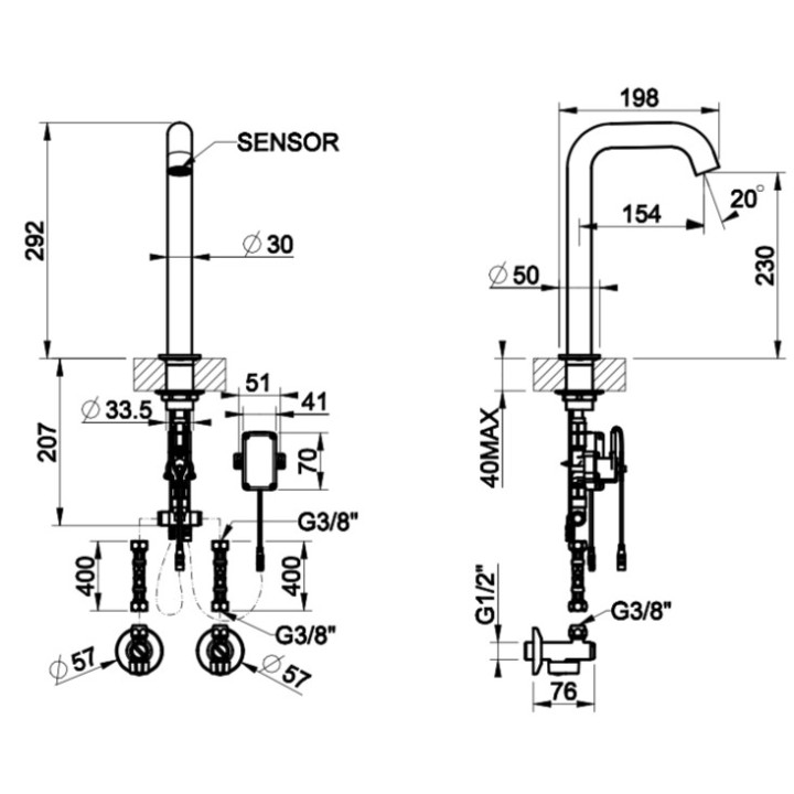 Elektroniczna bateria umywalkowa Gessi Meccanica, stojąca, wysokość 210mm, stal szczotkowana