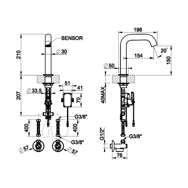 Elektroniczna bateria umywalkowa Gessi Meccanica, stojąca, wysokość 210mm, stal szczotkowana