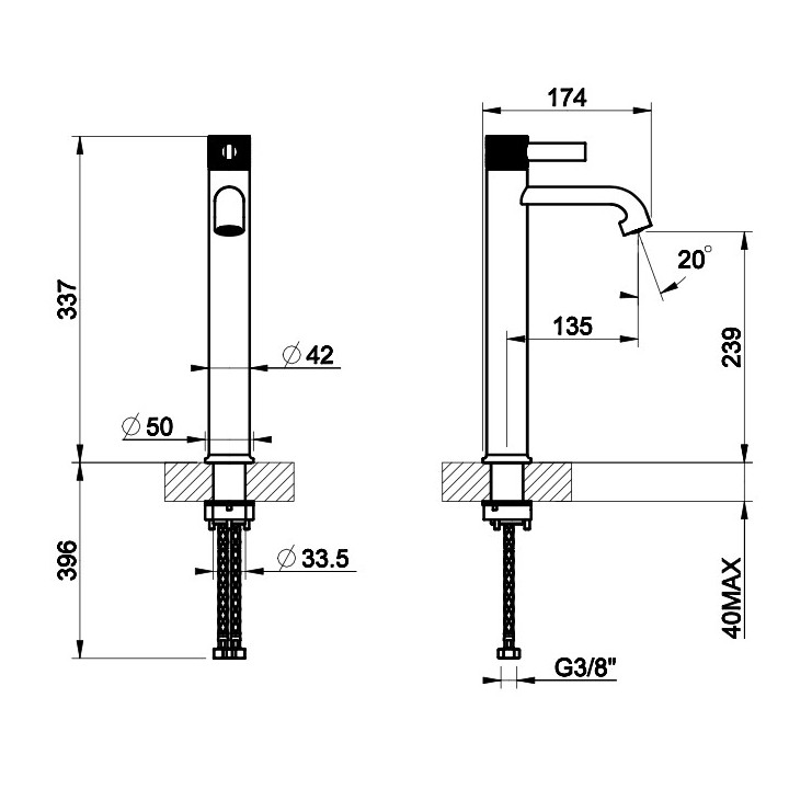 Bateria umywalkowa Gessi Inciso, stojąca, wysokość 195mm, korek automatyczny, chrom