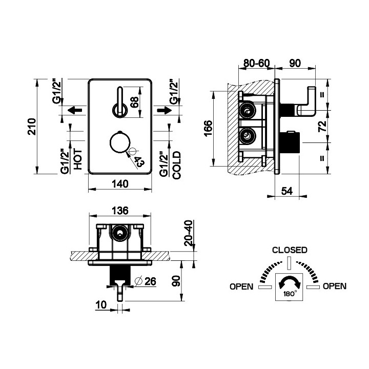 Bateria natryskowa Gessi Inciso Shower, podtynkowa, 1 wyjście wody, element natynkowy, chrom