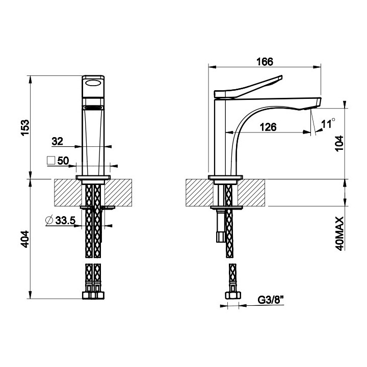 Bateria umywalkowa Gessi Rilievo, stojąca, wysokość 153mm, korek automatyczny, chrom