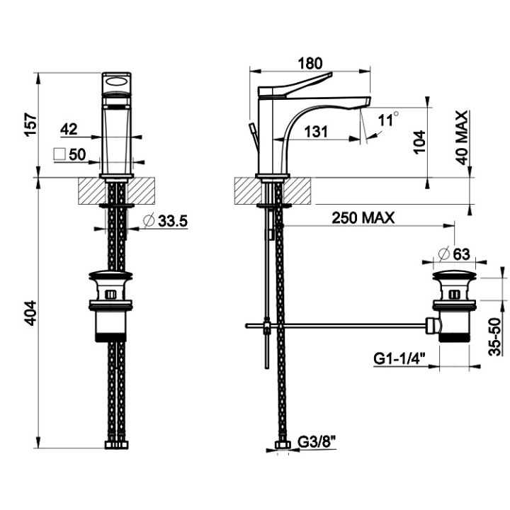 Bateria umywalkowa Gessi Rilievo, stojąca, wysokość 153mm, korek automatyczny, chrom