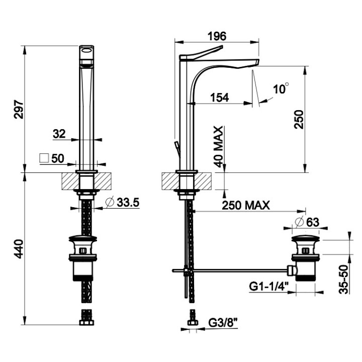 Bateria umywalkowa Gessi Rilievo, stojąca, wysokość 153mm, korek automatyczny, chrom