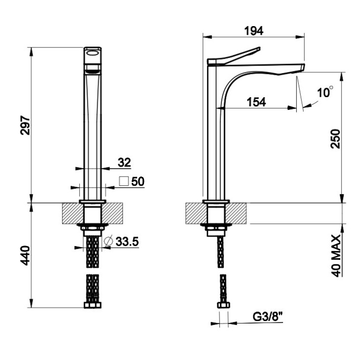 Bateria umywalkowa Gessi Rilievo, stojąca, wysokość 297mm, korek automatyczny, chrom