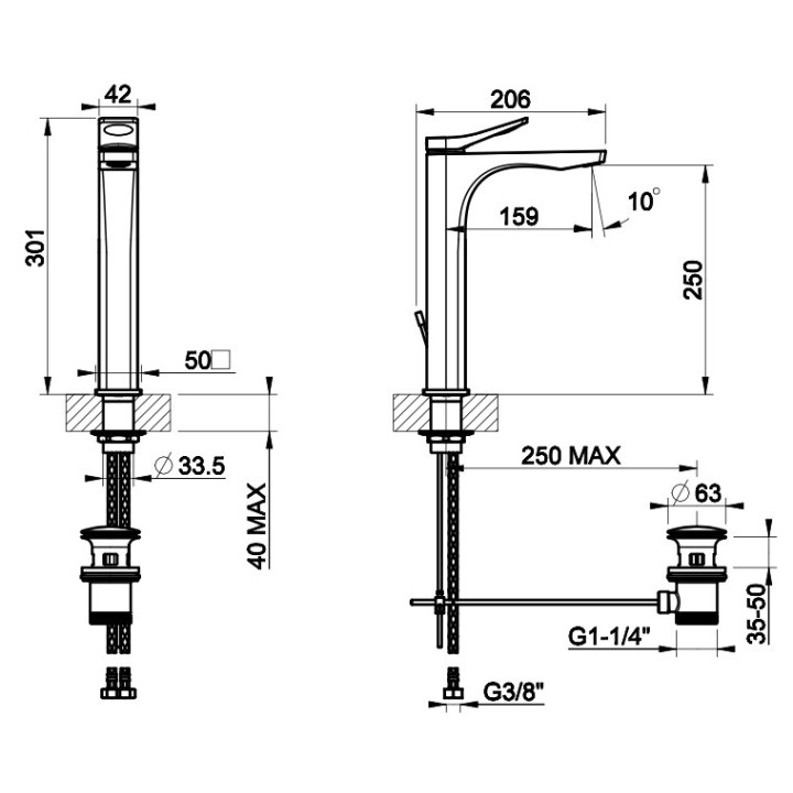 Bateria umywalkowa Gessi Rilievo, stojąca, wysokość 297mm, korek automatyczny, chrom