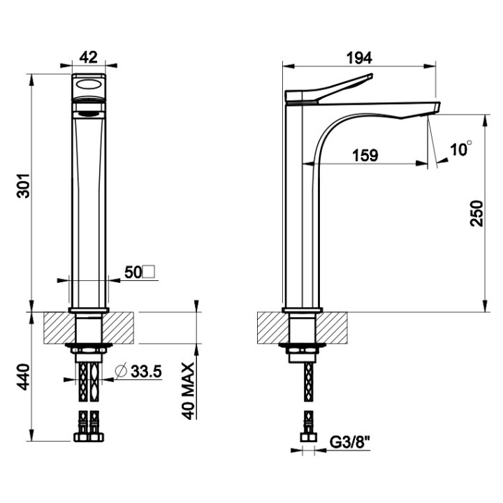 Bateria umywalkowa Gessi Rilievo, stojąca, wysokość 301mm, korek automatyczny, chrom