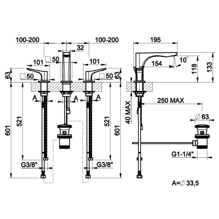 Bateria umywalkowa Gessi Rilievo, stojąca, wysokość 301mm, korek automatyczny, chrom