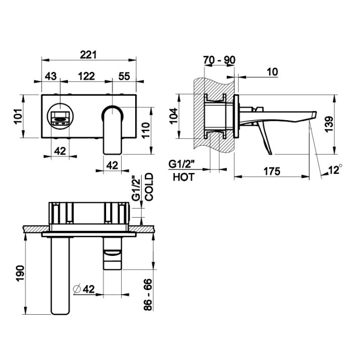 Bateria umywalkowa Gessi Rilievo, ścienna, wylewka 215mm, element natynkowy, chrom