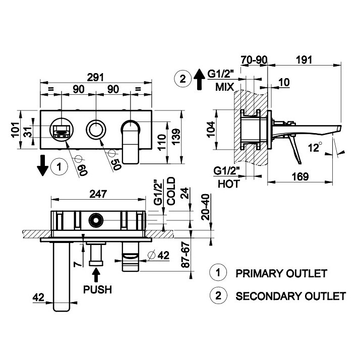Bateria wannowa Gessi Rilievo, ścienna, wylewka 175mm, element natynkowy, chrom