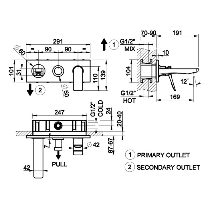 Bateria wannowa Gessi Rilievo, ścienna, wylewka 175mm, element natynkowy, chrom
