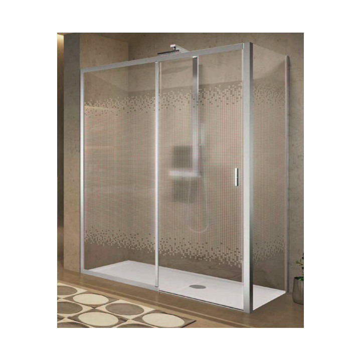 Drzwi prysznicowe Novellini Lines 2.0 2PH, 150cm, przesuwne ze stałym polem, lewe, szkło przejrzyste, profil srebrny