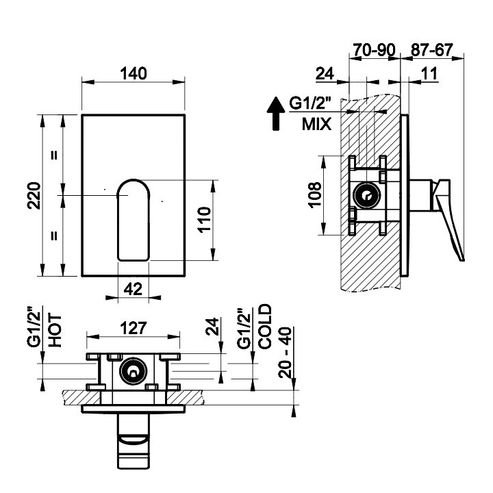 Bateria natryskowa Gessi Rilievo, natynkowa, jednouchwytowa, chrom