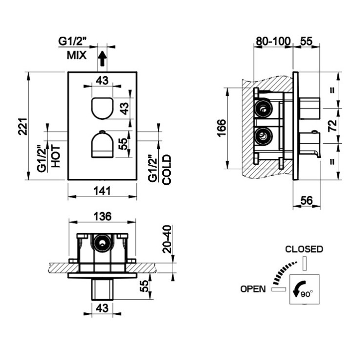 Bateria natryskowa Gessi Inciso Shower, podtynkowa, 1 wyjście wody, element natynkowy, zawór zamykający jednokierunkowy , chrom