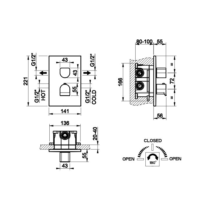 Bateria natryskowa Gessi Inciso Shower, podtynkowa, 1 wyjście wody, element natynkowy, zawór zamykający jednokierunkowy , chrom