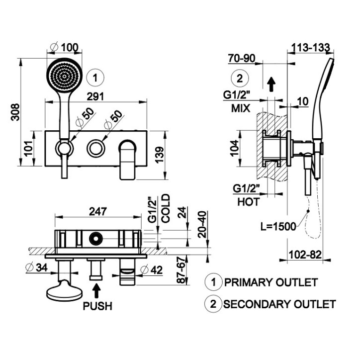 Bateria wannowa Gessi Rilievo, ścienna, 2 wyjścia wody, element natynkowy, chrom