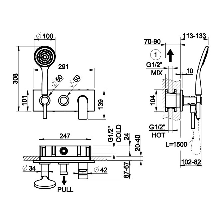 Bateria wannowa Gessi Rilievo, ścienna, 2 wyjścia wody, element natynkowy, chrom