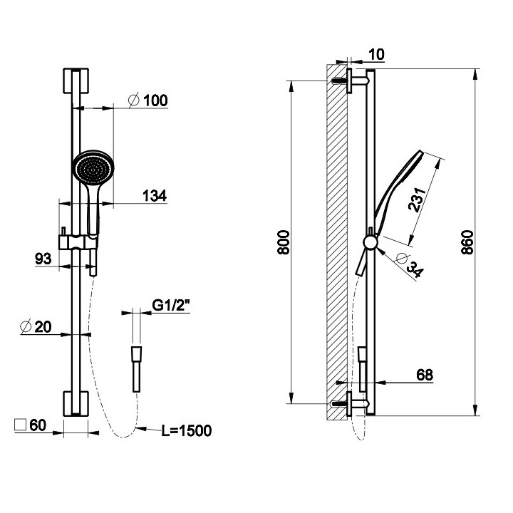 Zestaw natryskowy Gessi Rilievo, drążek, słuchawka z wężem i przyłączem kątowym, chrom