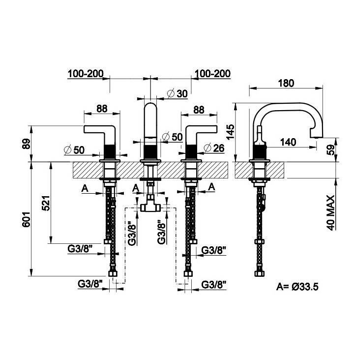Bateria umywalkowa 3-otworowa Gessi Inciso, stojąca, wysokość 145mm, korek automatyczny, chrom