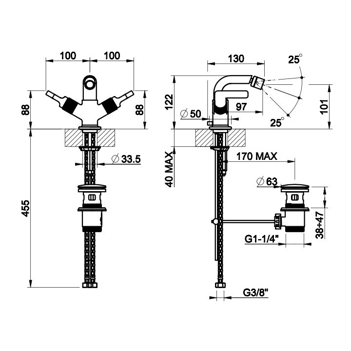 Bateria umywalkowa 3-otworowa Gessi Inciso, stojąca, wysokość 145mm, korek automatyczny, chrom