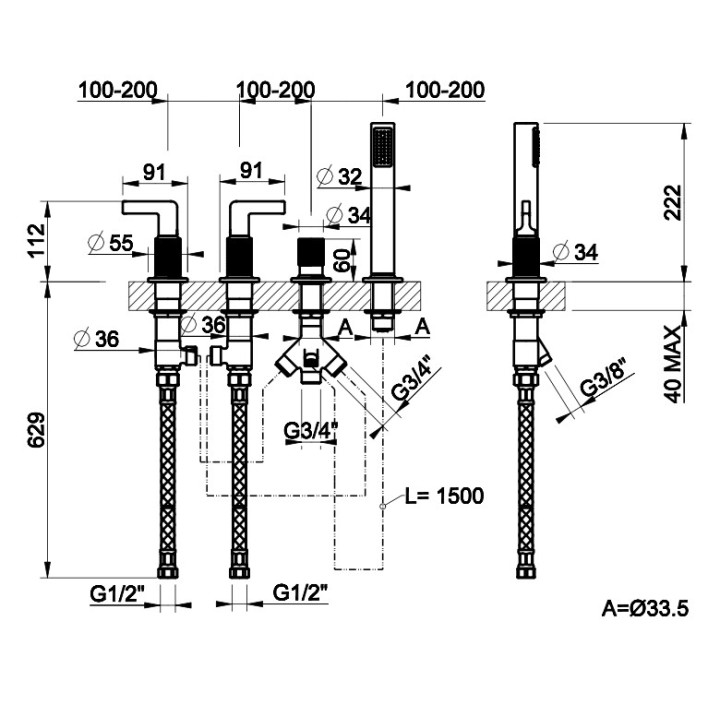 Bateria wannowa 5-otworowa Gessi Inciso, montaż na półce, zestaw natryskowy, chrom