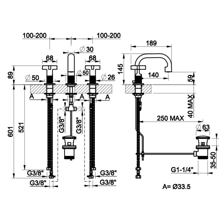 Bateria umywalkowa 3-otworowa Gessi Inciso, stojąca, wysokość 145mm, korek automatyczny, chrom