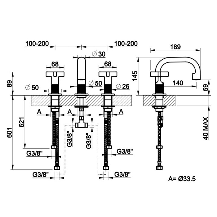 Bateria umywalkowa 3-otworowa Gessi Inciso, stojąca, wysokość 145mm, korek automatyczny, chrom