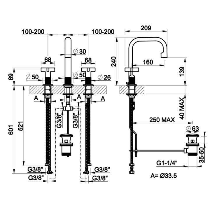 Bateria umywalkowa 3-otworowa Gessi Inciso, stojąca, wysokość 145mm, korek automatyczny, uchwyty krzyżowe, chrom