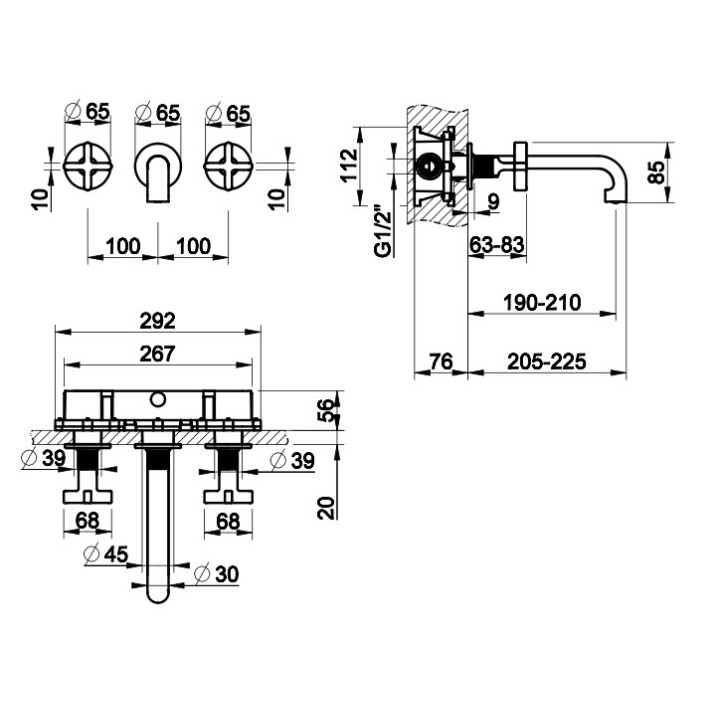 Bateria umywalkowa 3-otworowa Gessi Inciso, ścienna, wylewka 210mm, bez korka, chrom