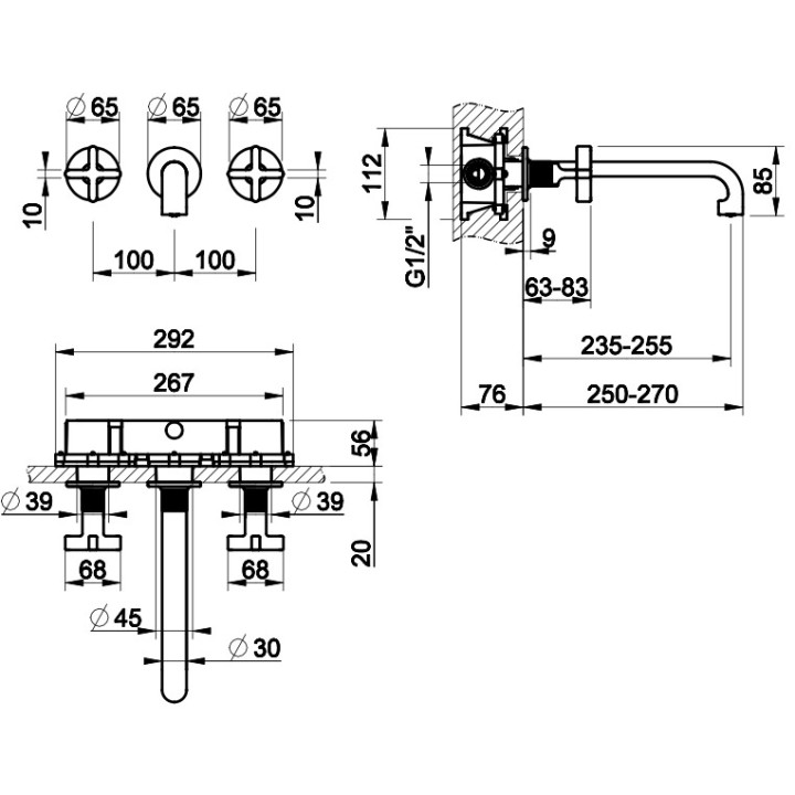 Bateria umywalkowa 3-otworowa Gessi Inciso, ścienna, wylewka 210mm, uchwyty krzyżowe, chrom