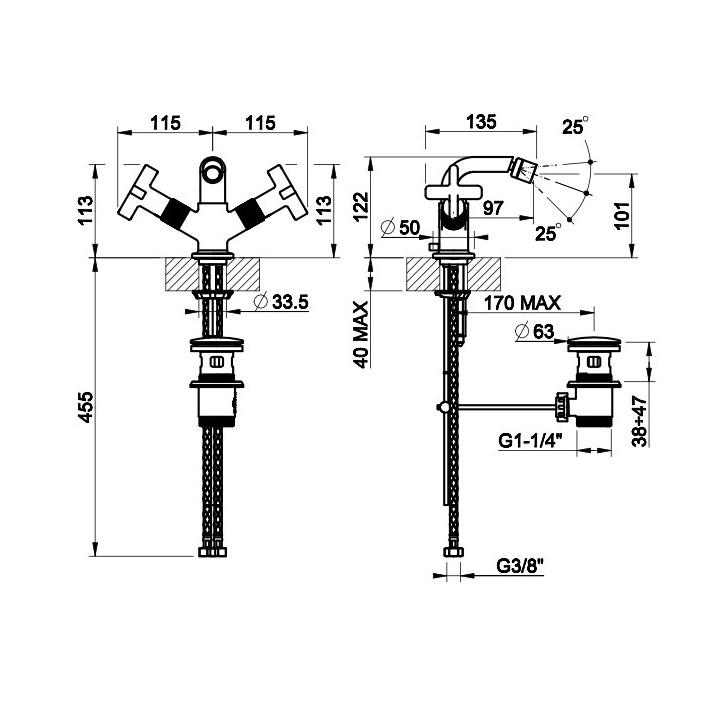 Bateria bidetowa 3-otworowa Gessi Inciso, stojąca, wysokość 122mm, korek automatyczny, chrom