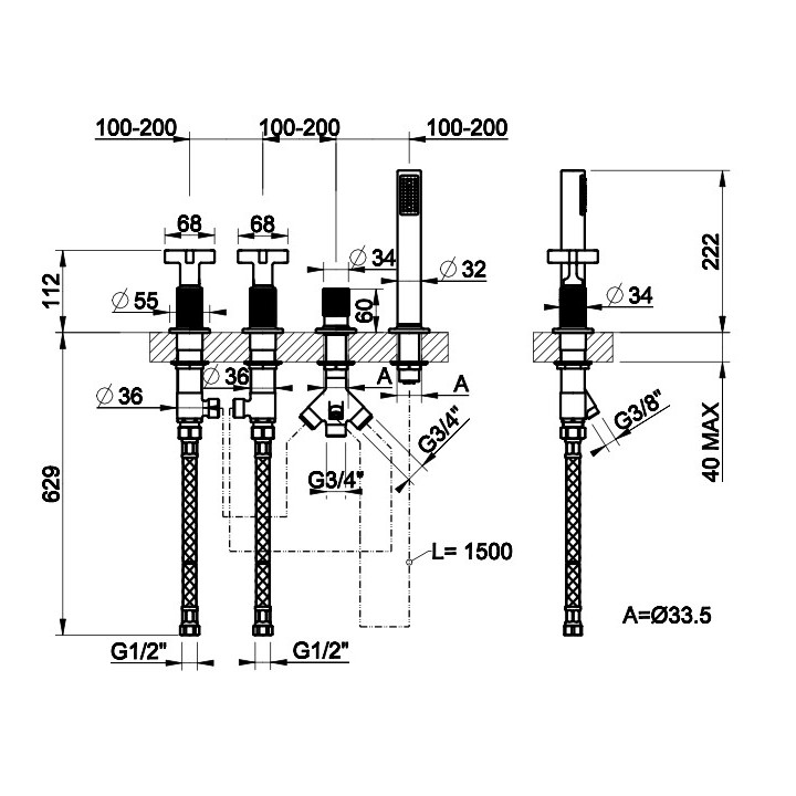 Bateria wannowa 4-otworowa Gessi Inciso, montaż na półce, zestaw natryskowy, do przelewu z funkcją napełniania, chrom