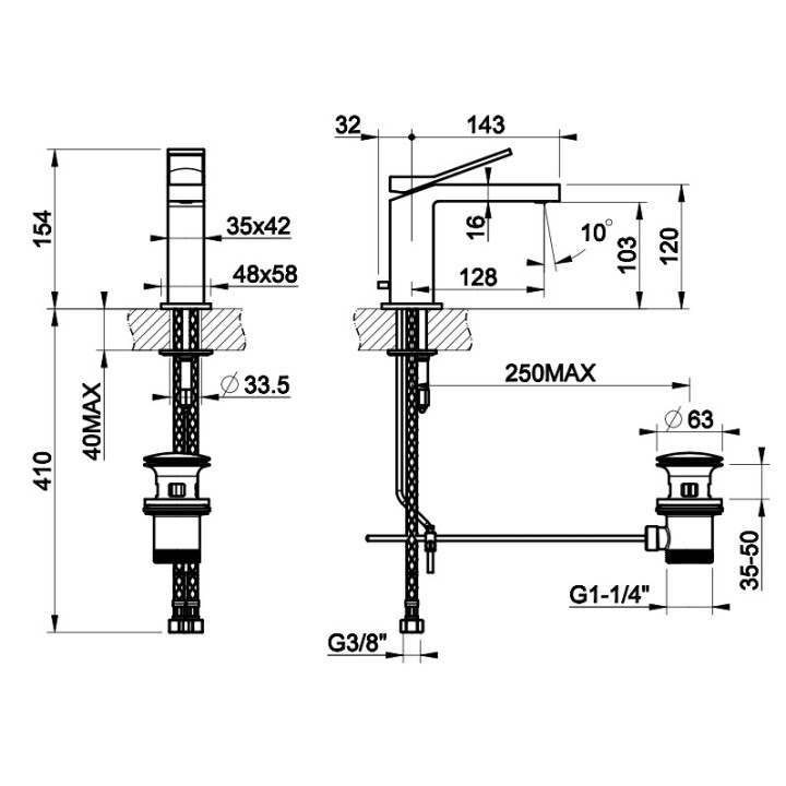 Bateria umywalkowa Gessi Rettangolo K, stojąca, wysokość 154mm, korek automatyczny, chrom