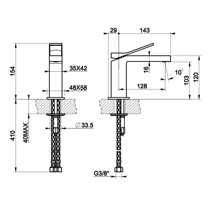 Bateria umywalkowa Gessi Rettangolo K, stojąca, wysokość 154mm, korek automatyczny, chrom