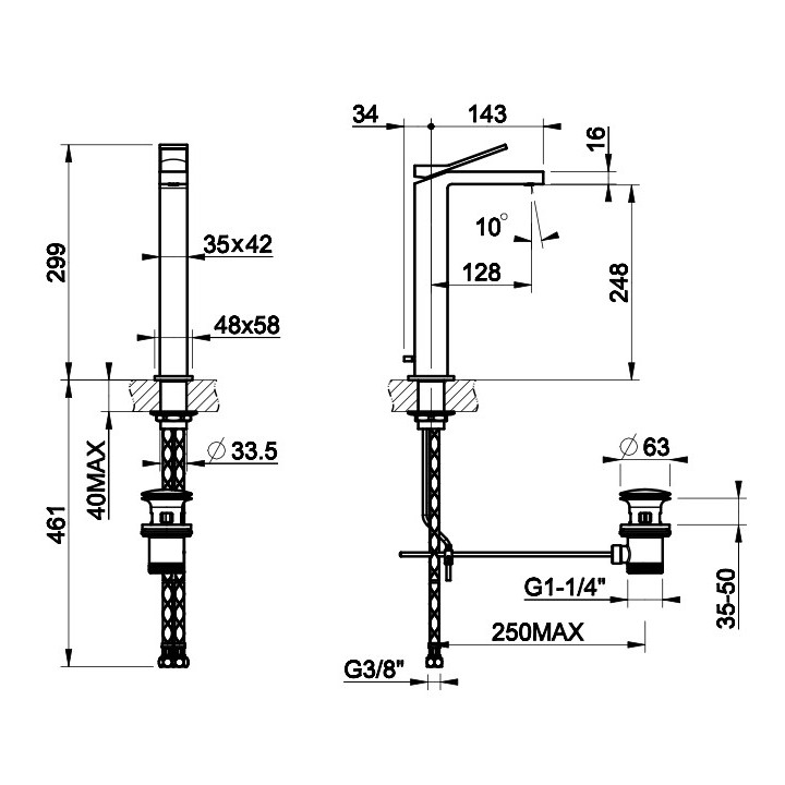 Bateria umywalkowa Gessi Rettangolo K, stojąca, wysokość 154mm, korek automatyczny, chrom