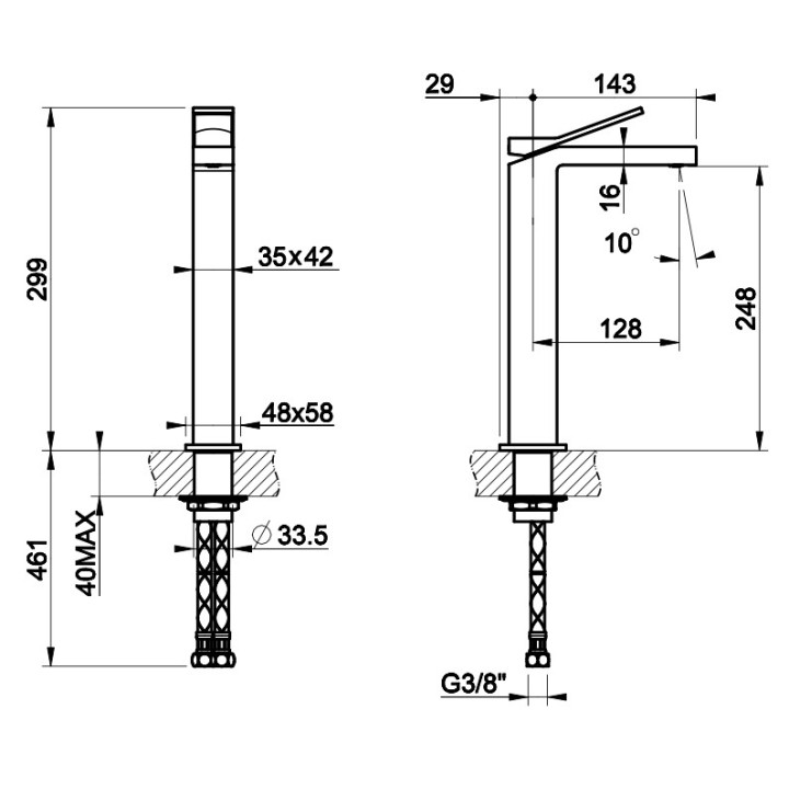 Bateria umywalkowa Gessi Rettangolo K, stojąca, wysokość 299mm, wylewka 128mm, korek automatyczny, chrom