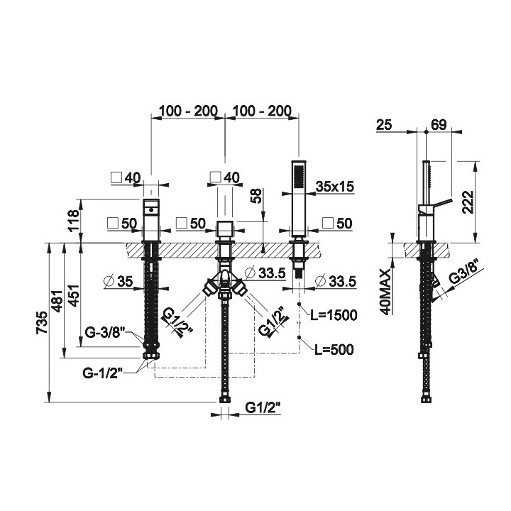 Bateria wannowa 4-otworowa Gessi Inciso, montaż na półce, zestaw natryskowy, do przelewu z funkcją napełniania, uchwyty krzyżowe
