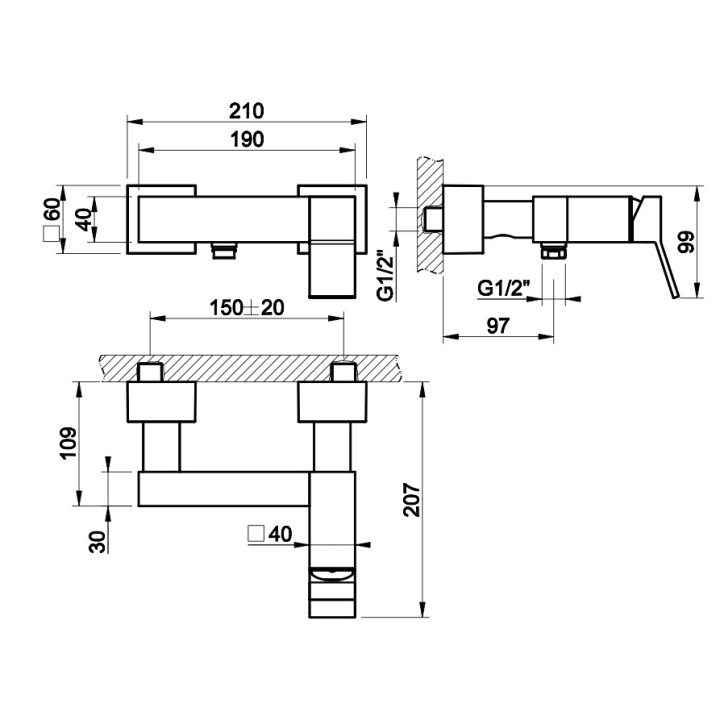 Bateria wannowa Gessi Rettangolo K, natynkowa, 2 wyjścia wody, element natynkowy, chrom